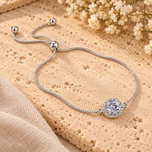 CZ Diamond Halo adjustable Bracelet, Silver - - LadybugfeetDesigns -