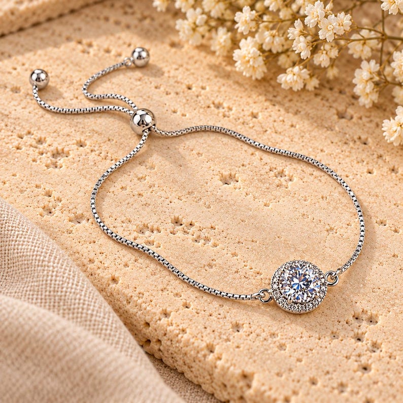 CZ Diamond Halo adjustable Bracelet, Silver - - LadybugfeetDesigns -