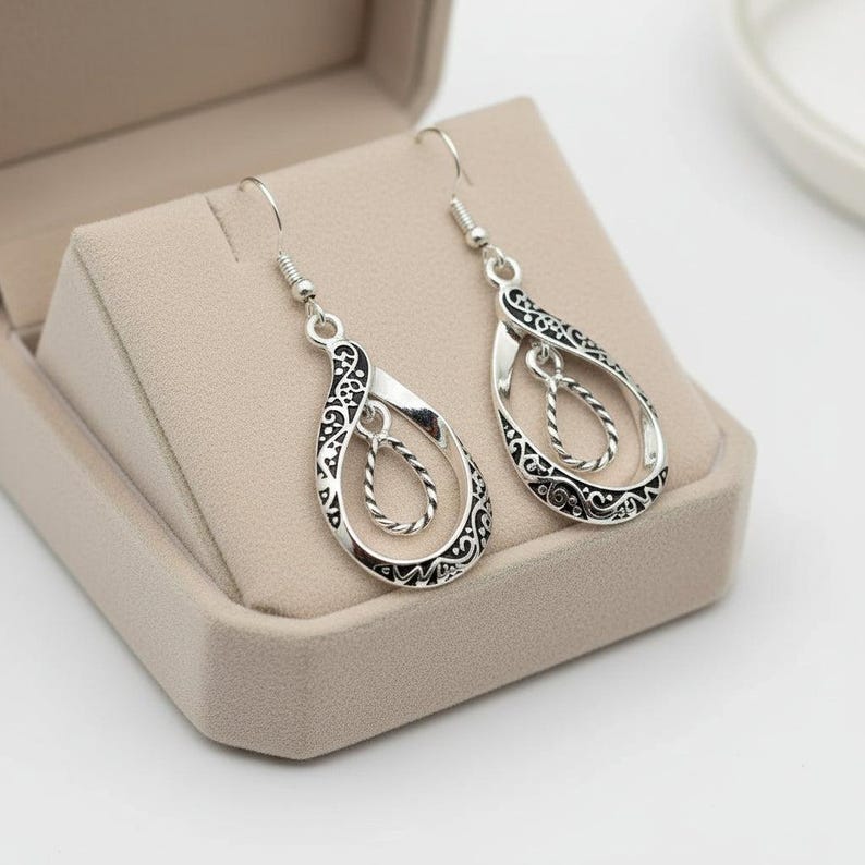 Double Tear Drop Ornate Dangle Earrings - - LadybugfeetDesigns -