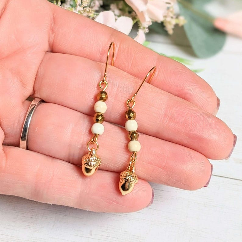 Gold Acorn Stainless Steel gold hook earrings - - LadybugfeetDesigns -