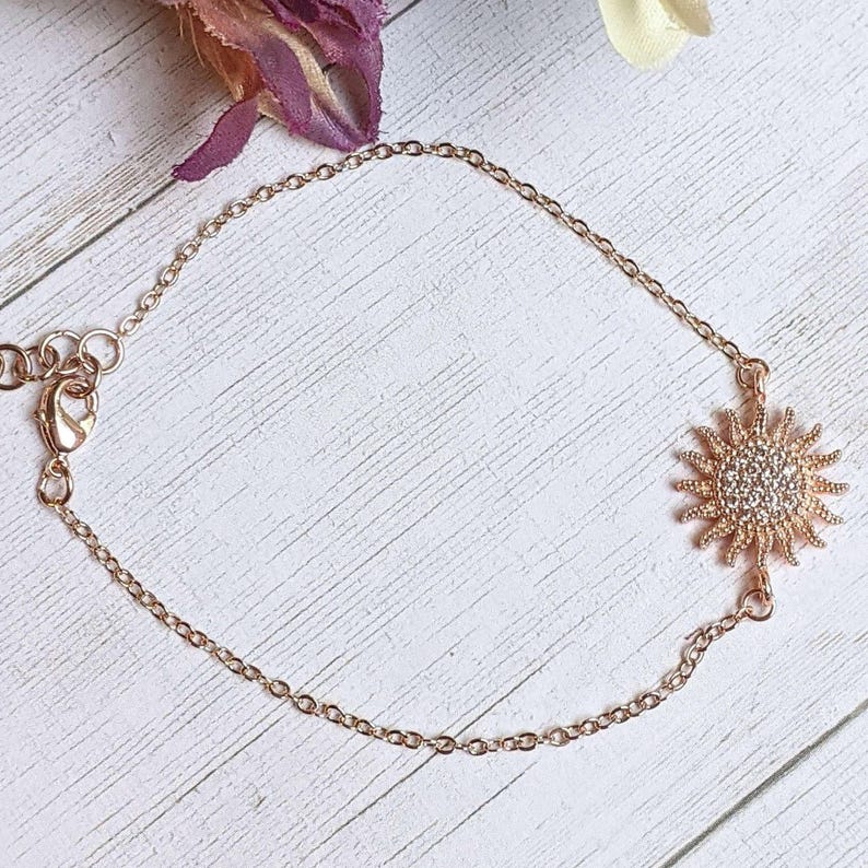 CZ Diamond Starburst Sun Rose Gold Chain Bracelet - - LadybugfeetDesigns -