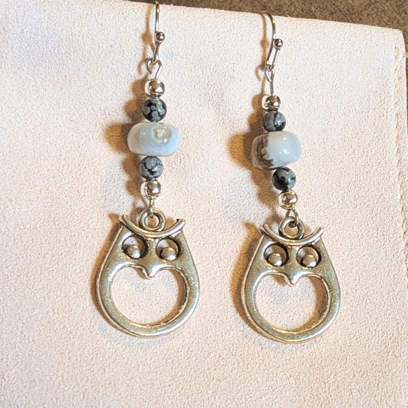 Owl Boulder Opal Beaded Hook Earrings, Silver - - LadybugfeetDesigns -