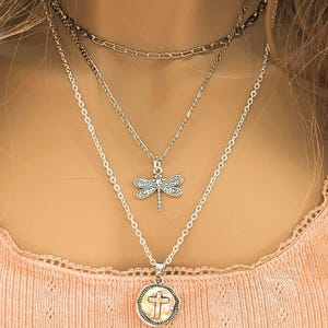 CZ Flower/Dragonfly Cross Layered Necklace Set, Silver - - LadybugfeetDesigns -