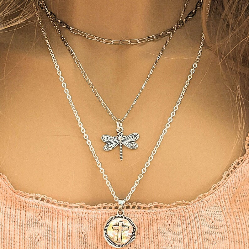 CZ Flower/Dragonfly Cross Layered Necklace Set, Silver - - LadybugfeetDesigns -