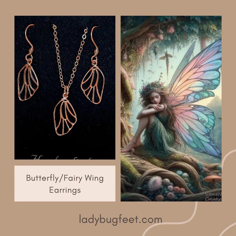 Butterfly/Fairy Wing Rose Gold necklace/earrings set, 18 inch - - LadybugfeetDesigns -