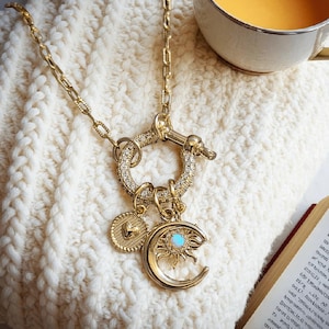 Opal Sun, Crescent Moon and Heart Shackle Clasp Carabiner Necklace, Gold - Adjusts up to 20 inches - - LadybugfeetDesigns -