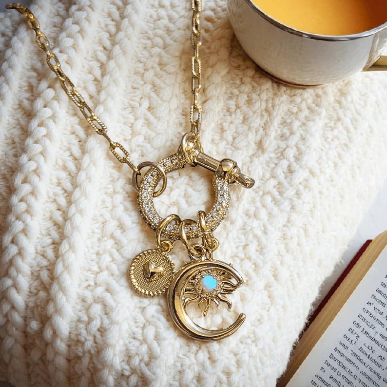 Opal Sun, Crescent Moon and Heart Shackle Clasp Carabiner Necklace, Gold - Adjusts up to 20 inches - - LadybugfeetDesigns -