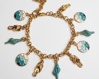 Enamel Seashell, Wave, Flip flop Charm Bracelet