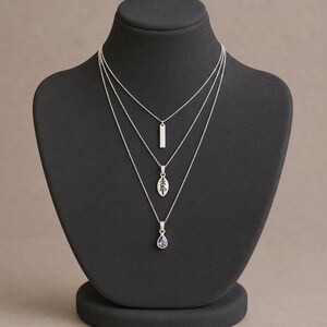 Silver Bar Amethyst Initial Leaf Layered Necklace Set, Silver - - LadybugfeetDesigns -