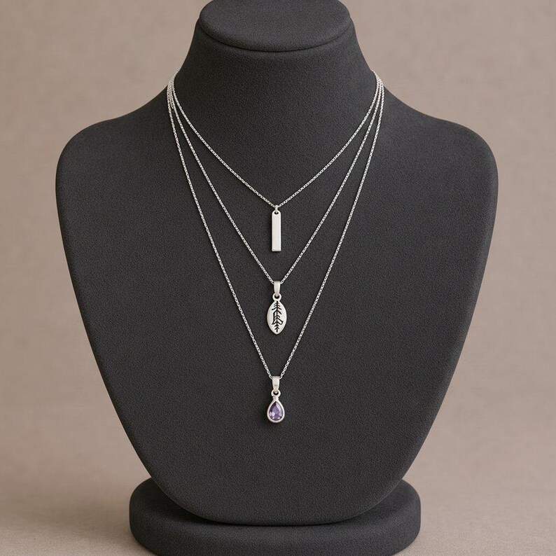 Silver Bar Amethyst Initial Leaf Layered Necklace Set, Silver - - LadybugfeetDesigns -