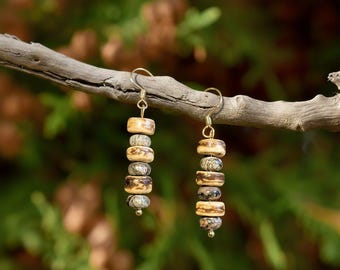 Leopard Skin Jasper Beaded Hook Earrings, Gold