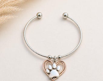 Paw Heart Euro Bangle Cuff, Silver