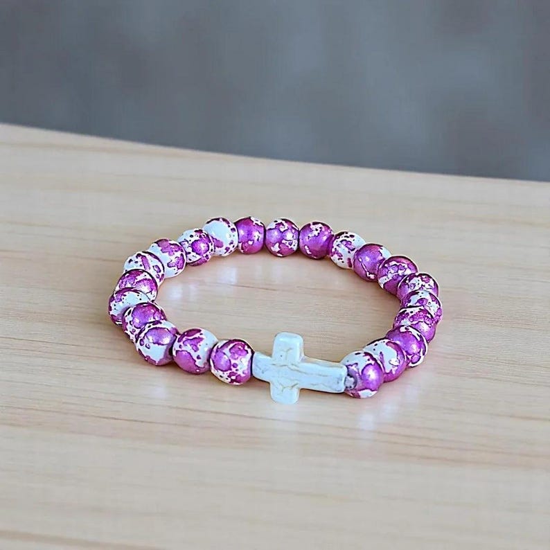 Mauve Ivory Beaded Cross Stretch bracelet - - LadybugfeetDesigns -