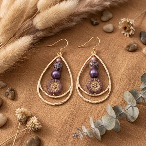 Boho Hammered Teardrop Purple Flower Bead Earrings, Gold - - LadybugfeetDesigns -