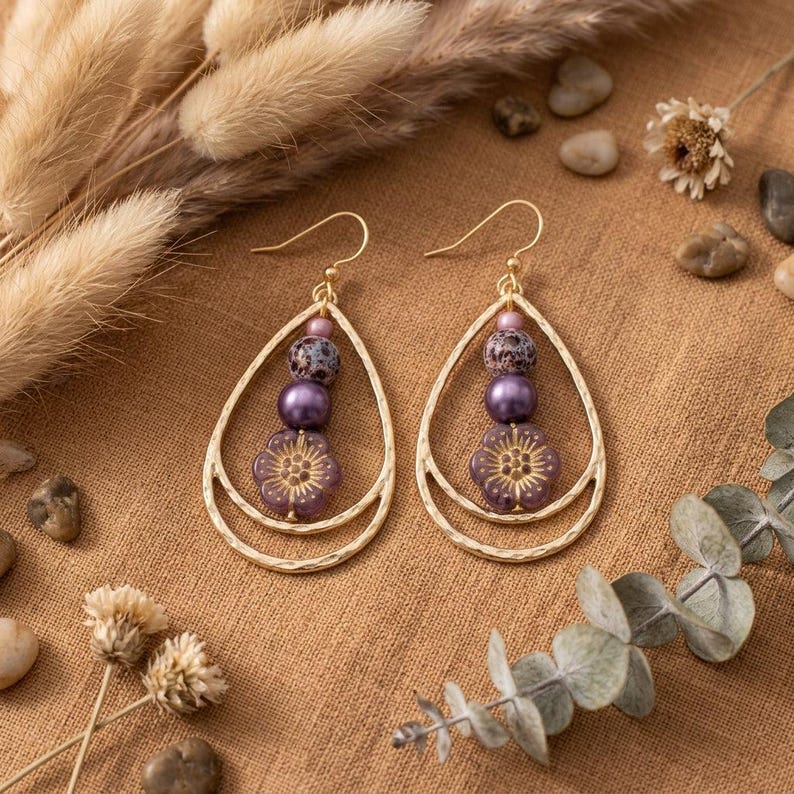 Boho Hammered Teardrop Purple Flower Bead Earrings, Gold - - LadybugfeetDesigns -