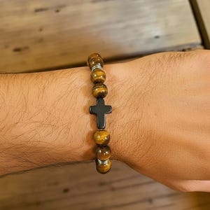 Tiger's Eye Beaded Cross Stretch Bracelet-UNISEX - - LadybugfeetDesigns -