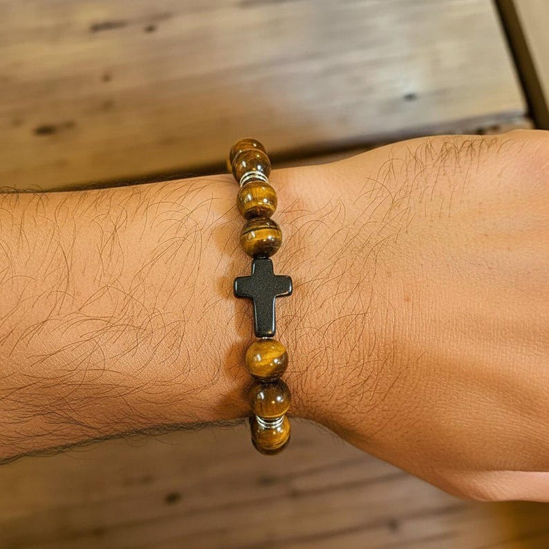 Tiger's Eye Beaded Cross Stretch Bracelet-UNISEX - - LadybugfeetDesigns -