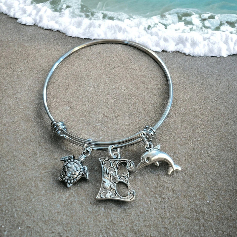 Beach - Dolphin, Sea Turtle, Sea Shell Child's Bangle bracelet - - LadybugfeetDesigns -