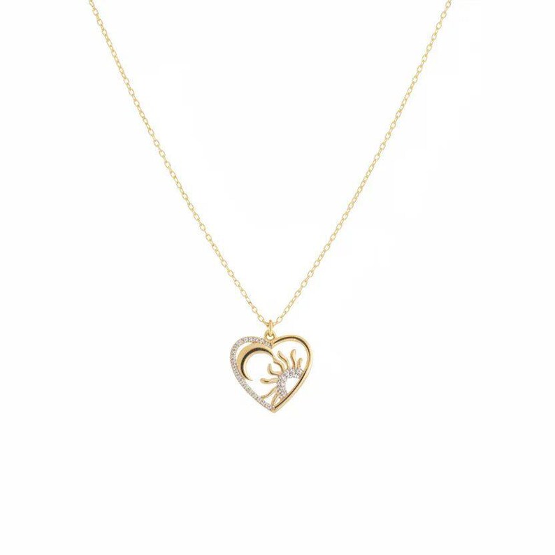 Sun Moon Heart necklace, Gold - 20 inch - - LadybugfeetDesigns -