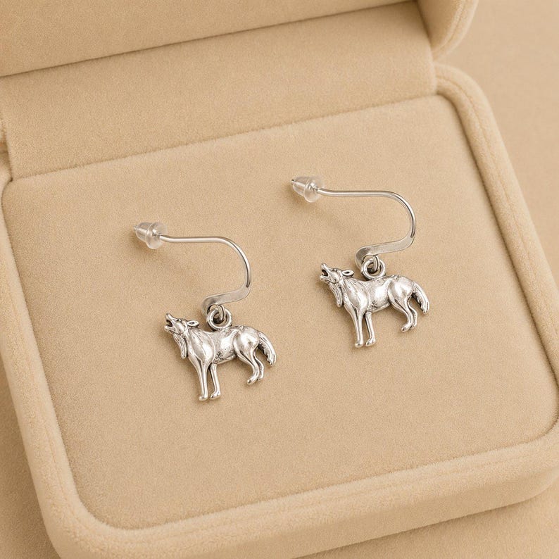 Howling Wolf Hook Earrings, Silver - - LadybugfeetDesigns -