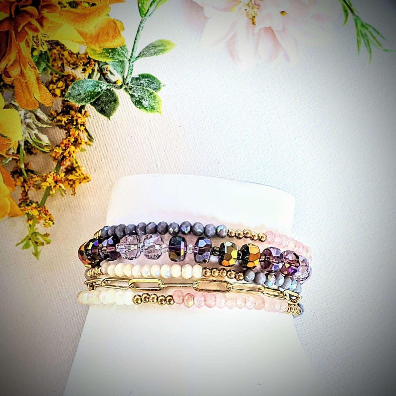 Pink Champagne Crystal Beaded Endless wrap bracelet - - LadybugfeetDesigns -