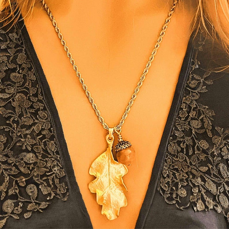 Moonstone Acorn Oak Leaf Necklace, Gold - - LadybugfeetDesigns -