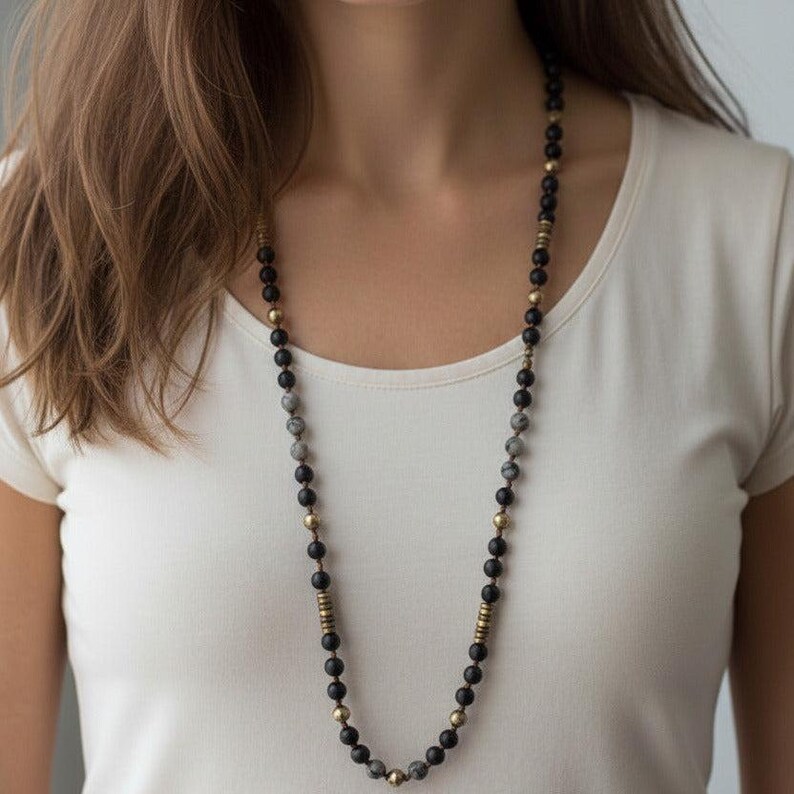 Spider Web Jasper + Hematite + Crystal Semi-Precious Gemstone Necklace - 36 inch - - LadybugfeetDesigns -