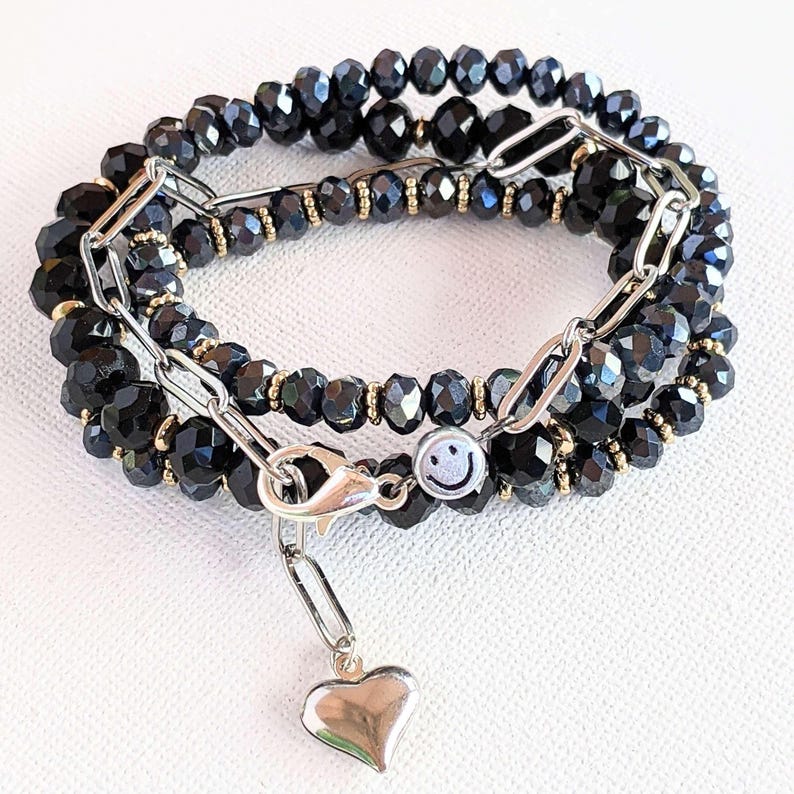 Silver Smiley Stainless Steel Paperclip Chain Bracelet - - LadybugfeetDesigns -