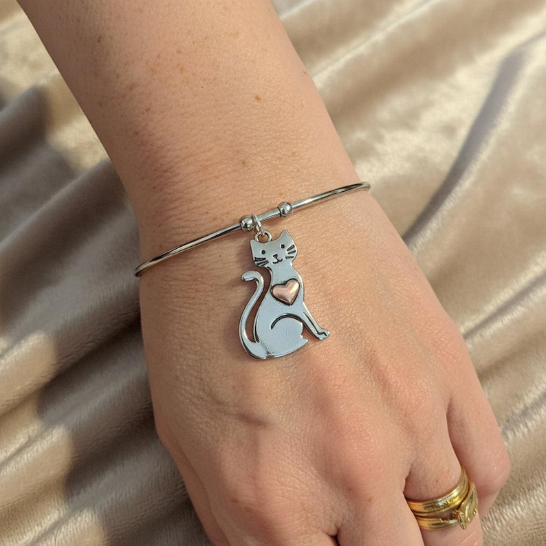 Cute Cat Euro Bangle Cuff, Silver - - LadybugfeetDesigns -