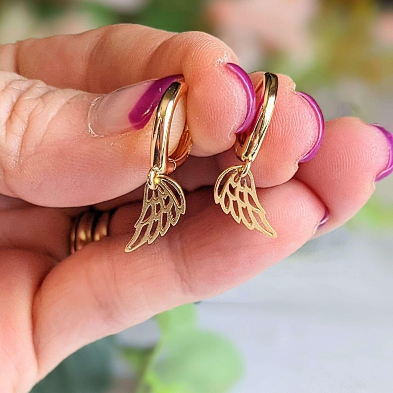 Angel Wing Huggie Hoop earrings, Gold - 15mm - - LadybugfeetDesigns -