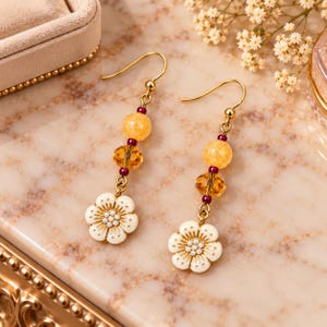 Honey Boho Flower Bead Hook Earrings, Gold - - LadybugfeetDesigns -