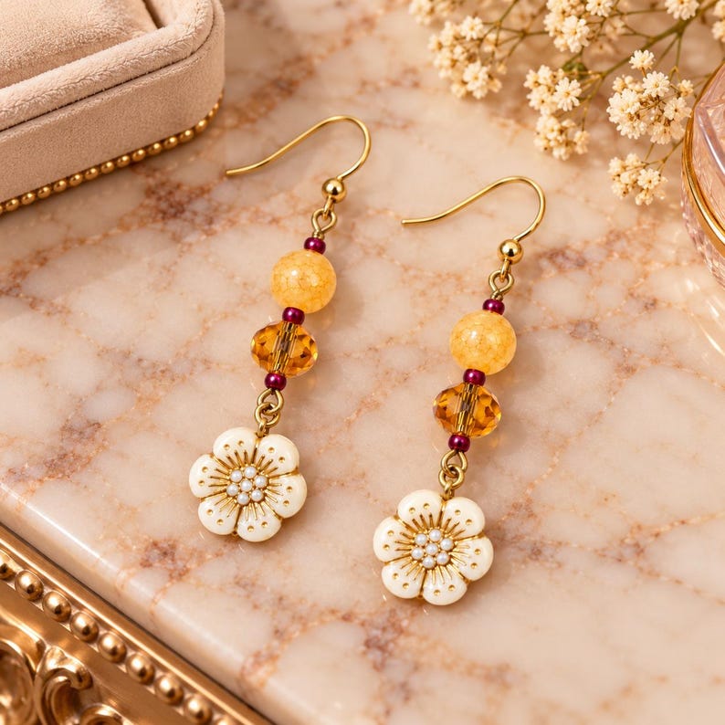 Honey Boho Flower Bead Hook Earrings, Gold - - LadybugfeetDesigns -