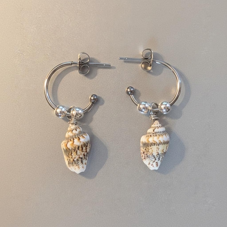Genuine Conch Shell Hoop Earrings, Silver - 16mm - - LadybugfeetDesigns -