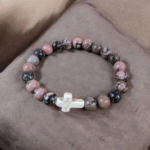 Rhodonite Pink Zebra Beaded Cross Stretch bracelet - - LadybugfeetDesigns -