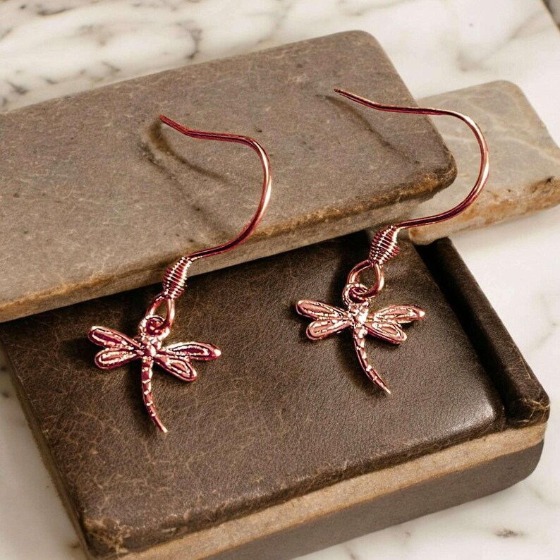 Dragonfly Rose Gold necklace/earrings set, 18 inch - - LadybugfeetDesigns -
