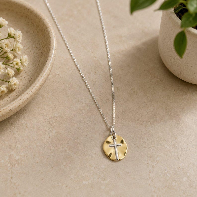 Silver Cross on Gold Two-Tone Necklace, 20 inches - Silver - - LadybugfeetDesigns -