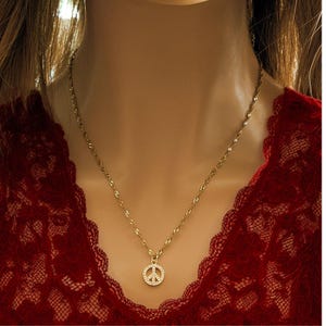 Sparkly Peace Sign necklace, Gold- 20 inch - - LadybugfeetDesigns -