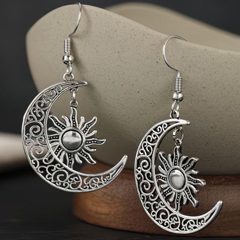 Large Filigree Crescent Moon Sun Hook Earrings, Silver - - LadybugfeetDesigns -