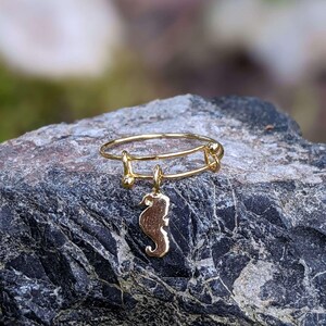 Tiny Seahorse Dangle Adjustable Charm Ring- Gold - - LadybugfeetDesigns -