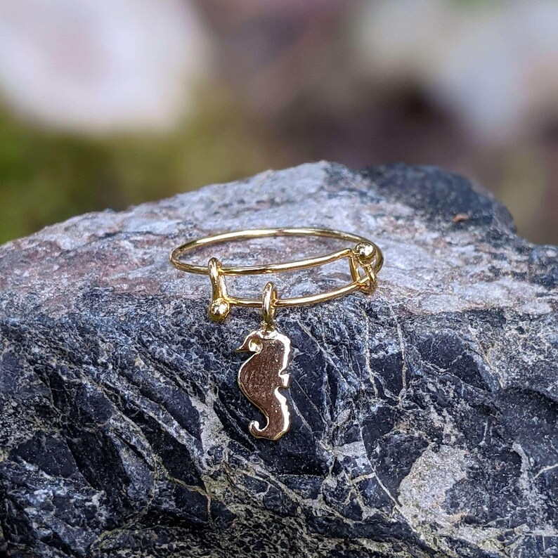Tiny Seahorse Dangle Adjustable Charm Ring- Gold - - LadybugfeetDesigns -