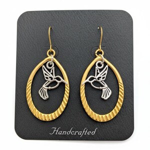 Hummingbird Two-Tone Hook Earrings, Gold - - LadybugfeetDesigns -