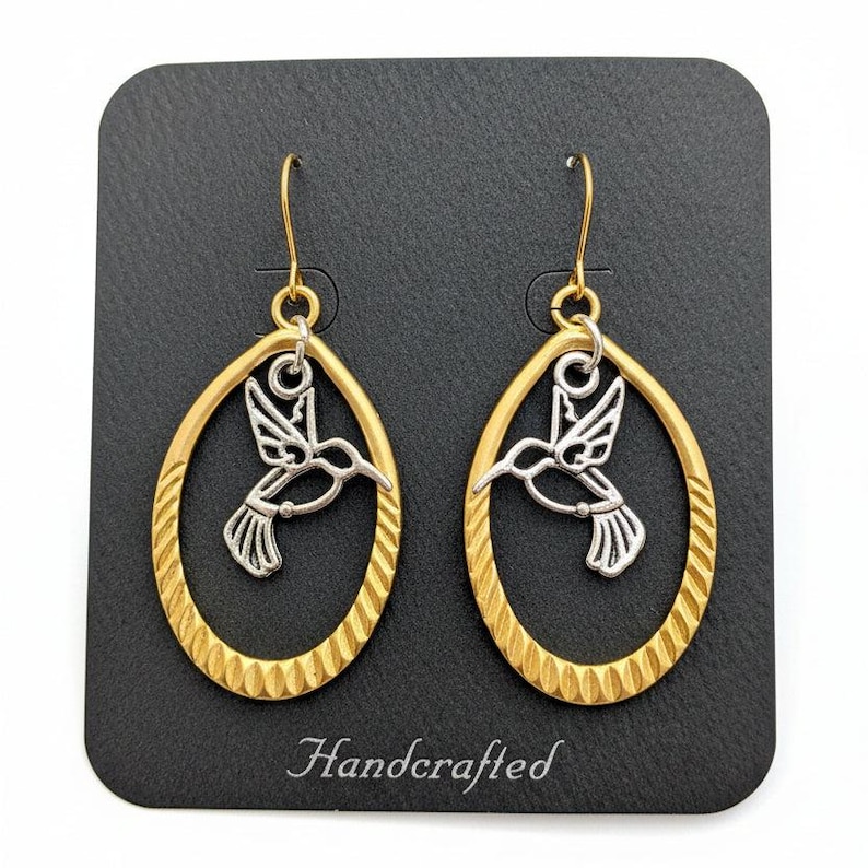 Hummingbird Two-Tone Hook Earrings, Gold - - LadybugfeetDesigns -
