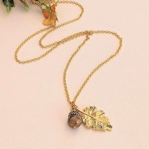 Acorn Oak Leaf Necklace, Gold - - LadybugfeetDesigns -