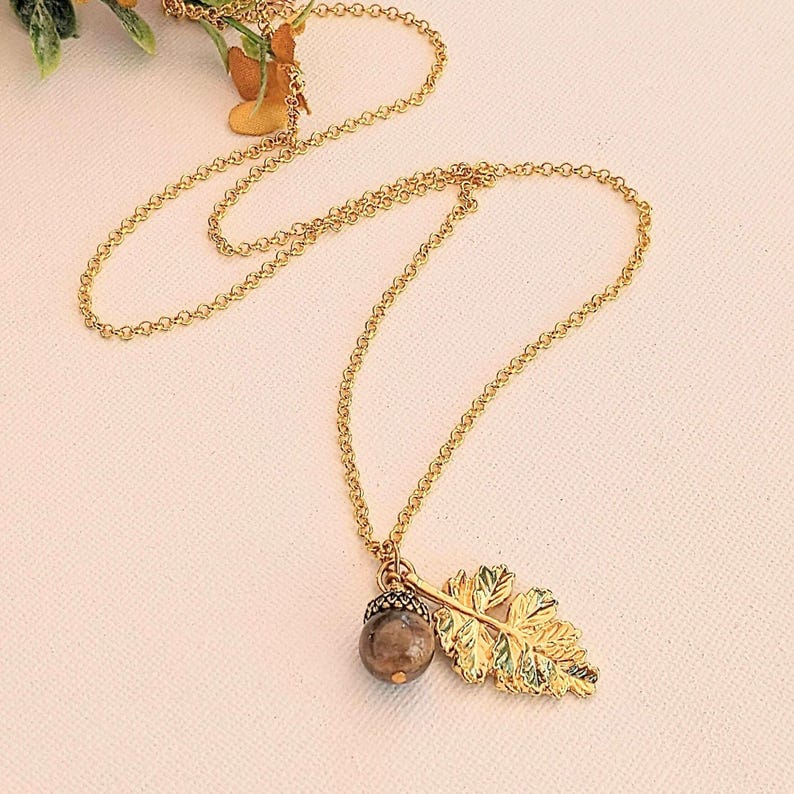 Acorn Oak Leaf Necklace, Gold - - LadybugfeetDesigns -