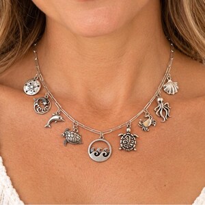 Ocean Lover II Multi Charm Link Necklace, Silver - 20 inch - - LadybugfeetDesigns -
