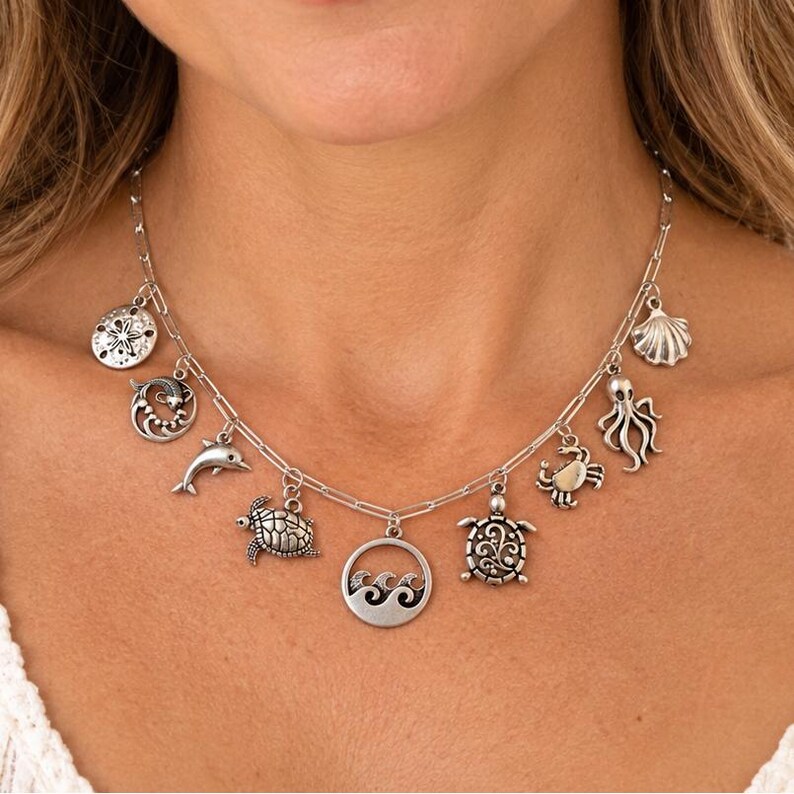 Ocean Lover II Multi Charm Link Necklace, Silver - 20 inch - - LadybugfeetDesigns -