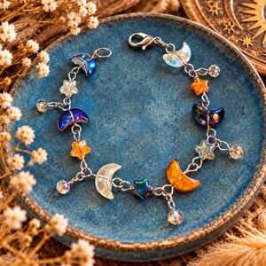 Celestial Moon Star Crystal Bead Bracelet, Silver - - LadybugfeetDesigns -
