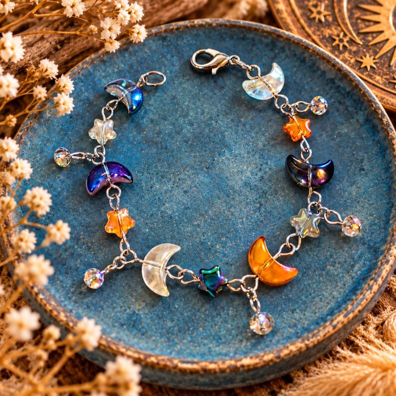Celestial Moon Star Crystal Bead Bracelet, Silver - - LadybugfeetDesigns -
