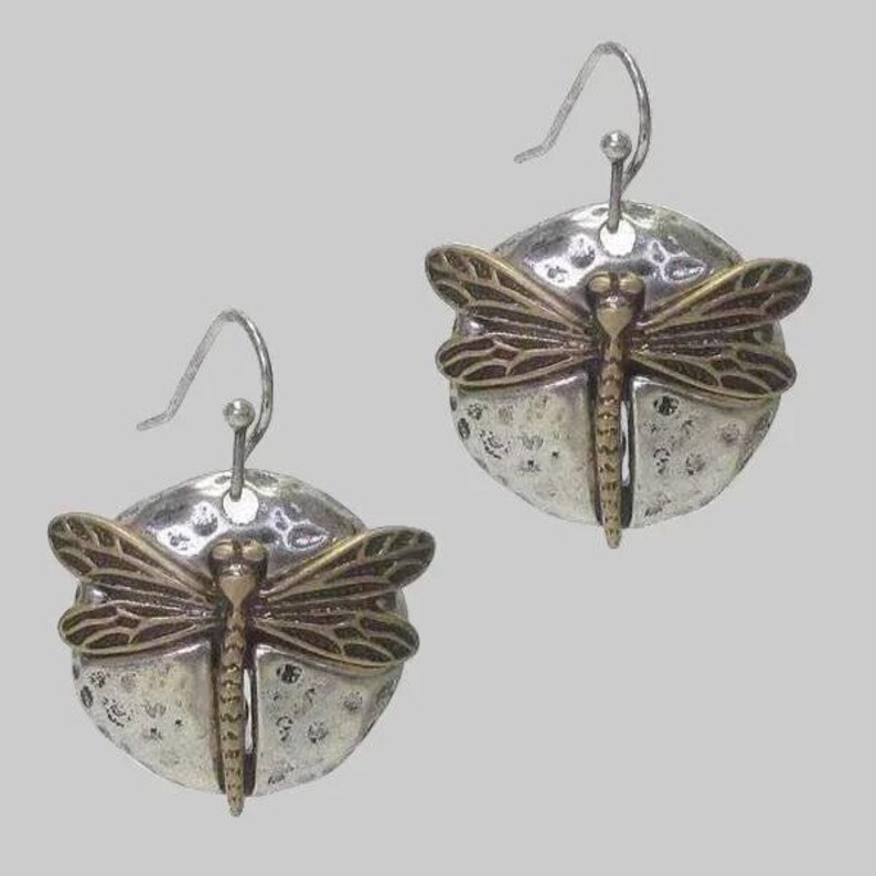 Dragonfly Hammered Disc Dangle Earrings, Two-Toned - - LadybugfeetDesigns -