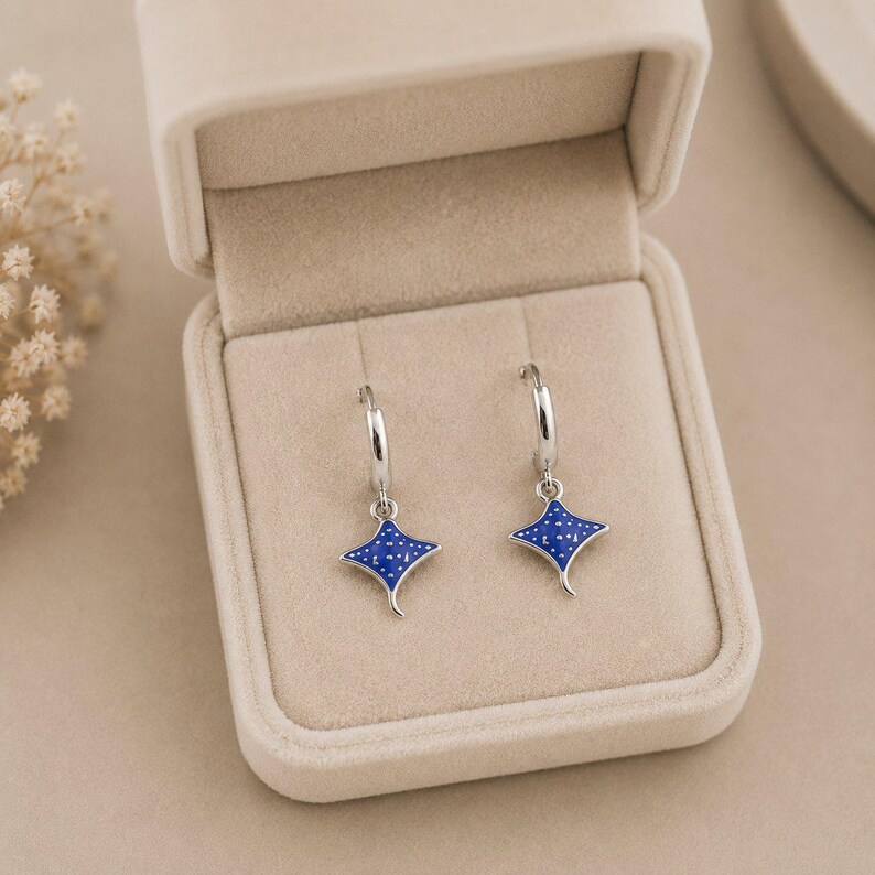 Blue Stingray Earrings, Silver Hoop - 15mm - - LadybugfeetDesigns -